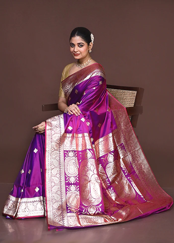 Purple Banarasi Silk Saree With Blouse Piece - Image 4