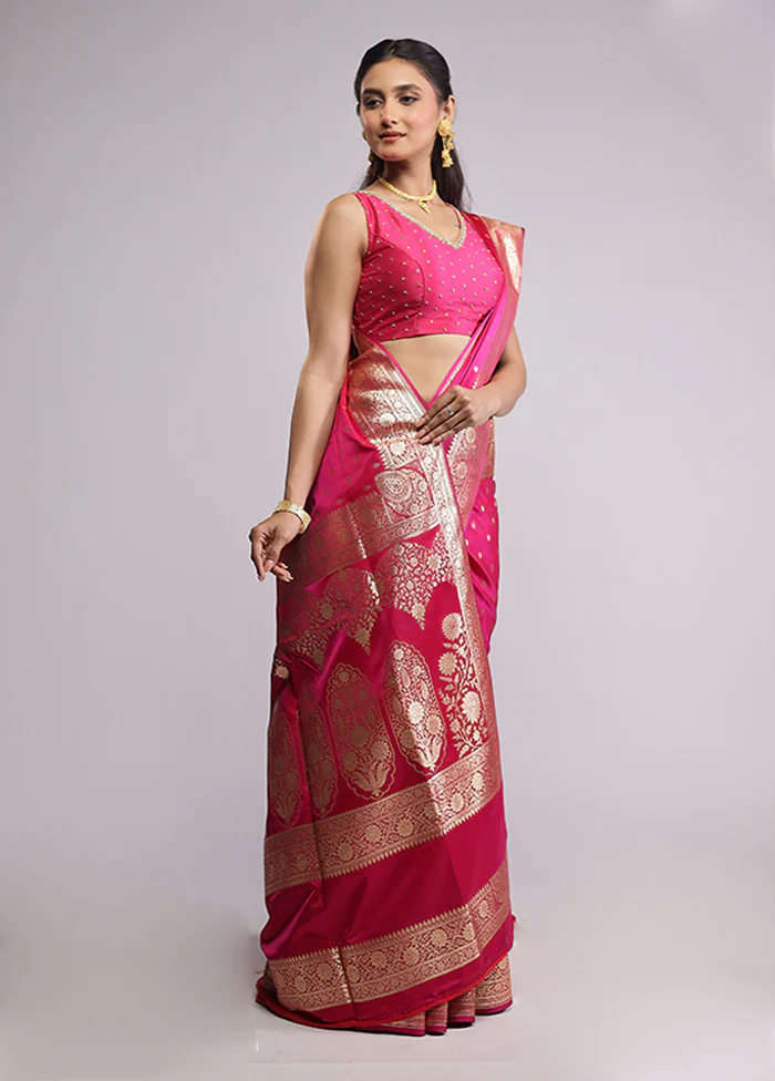 Pink Banarasi Silk Saree With Blouse Piece - Image 4