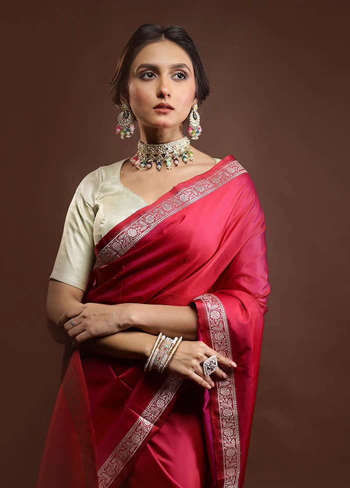 Pink Banarasi Silk Saree With Blouse Piece