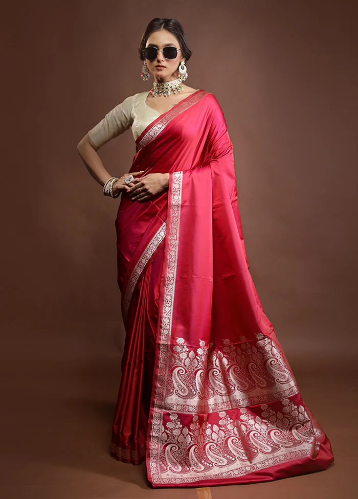 Pink Banarasi Silk Saree With Blouse Piece - Image 2
