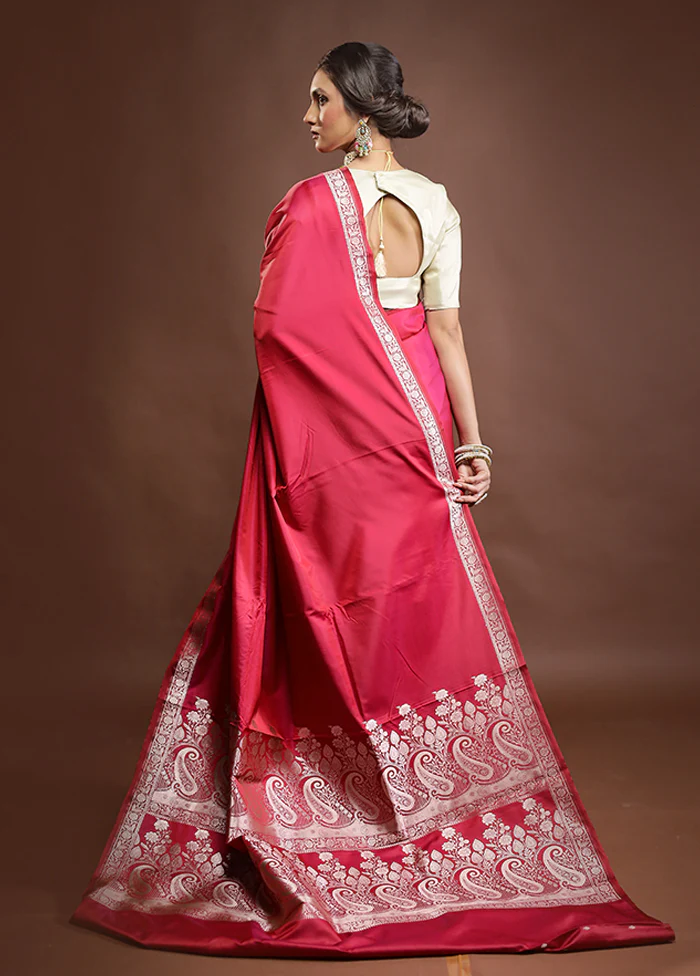 Pink Banarasi Silk Saree With Blouse Piece - Image 3