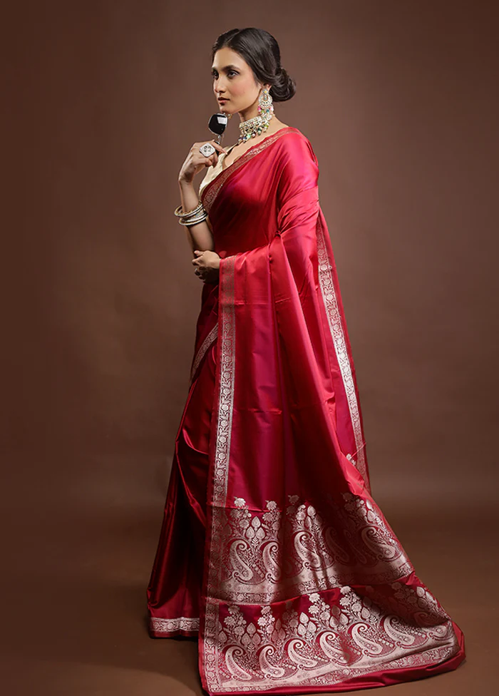 Pink Banarasi Silk Saree With Blouse Piece - Image 4