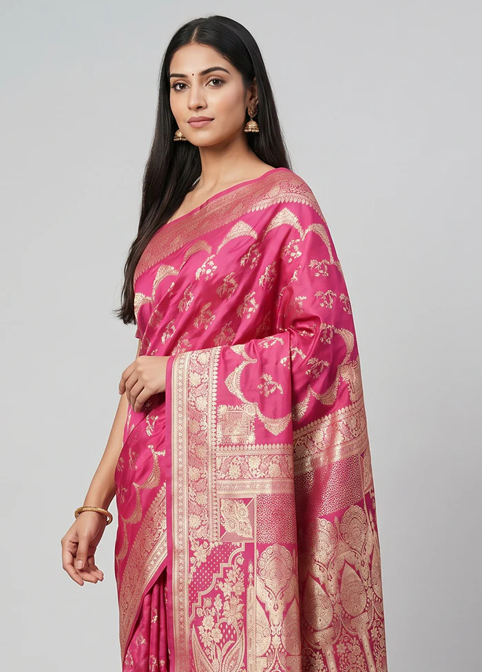 Pink Banarasi Silk Saree With Blouse Piece - Image 2