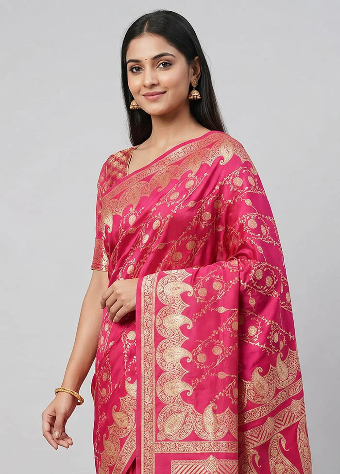 Pink Banarasi Silk Saree With Blouse Piece - Image 2