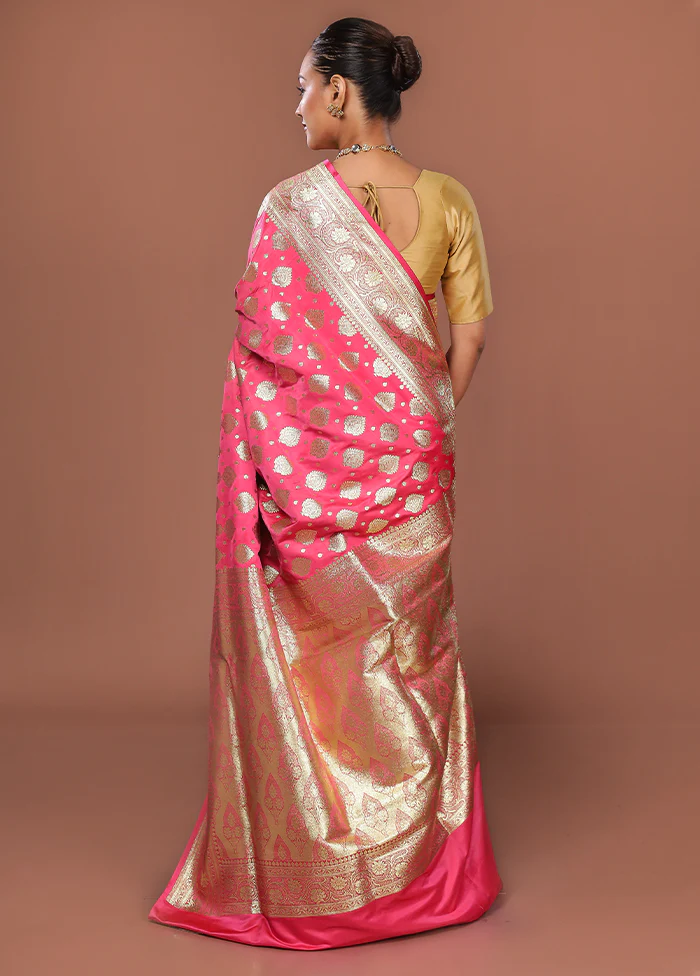 Pink Banarasi Silk Saree With Blouse Piece - Image 3