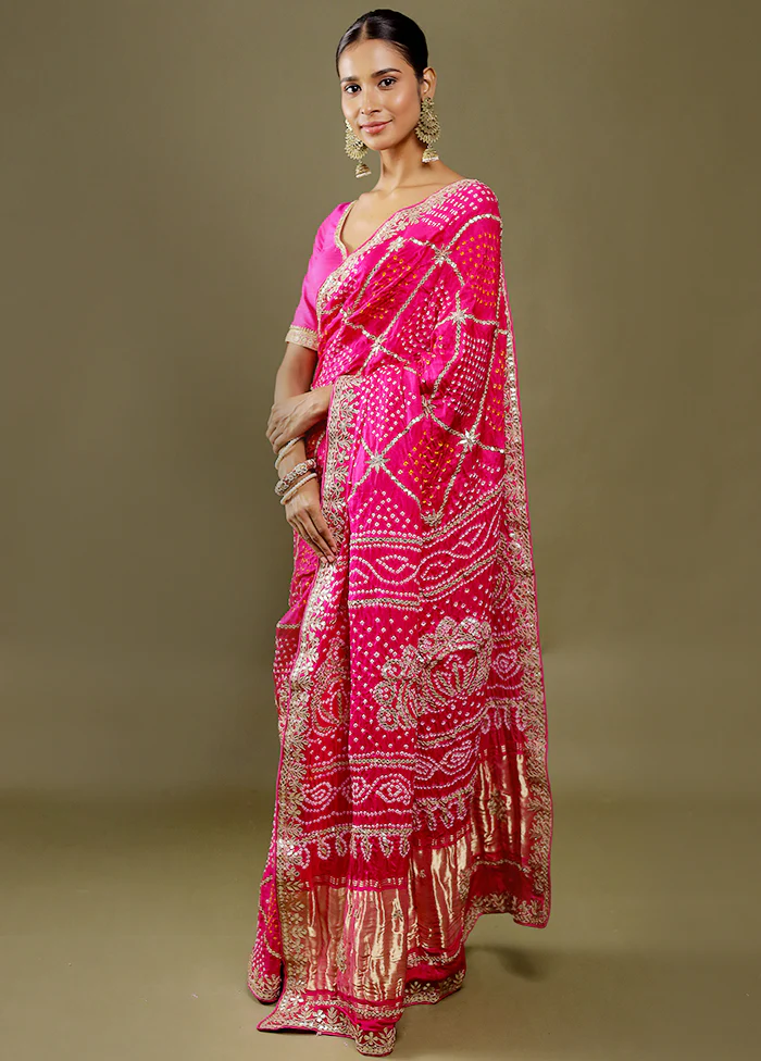 Pink Bandhej Pure Silk Saree Without Blouse Piece - Image 3
