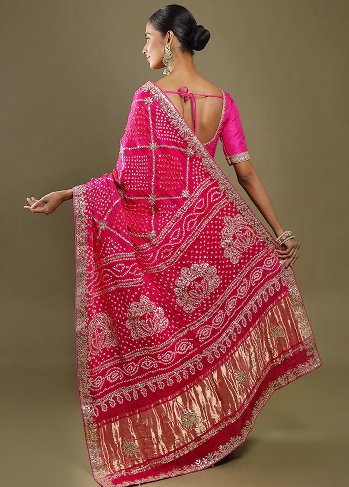Pink Bandhej Pure Silk Saree Without Blouse Piece - Image 4