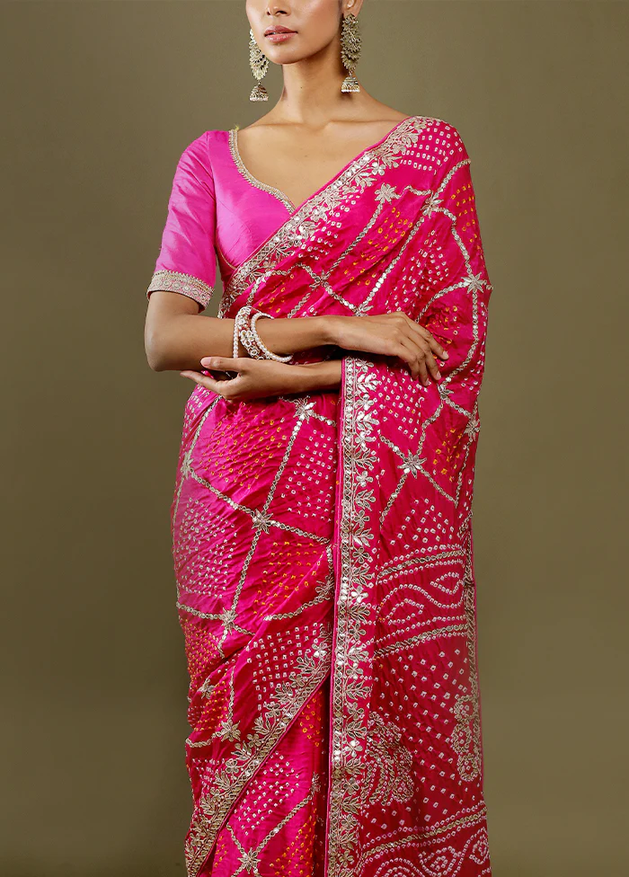 Pink Bandhej Pure Silk Saree Without Blouse Piece - Image 5