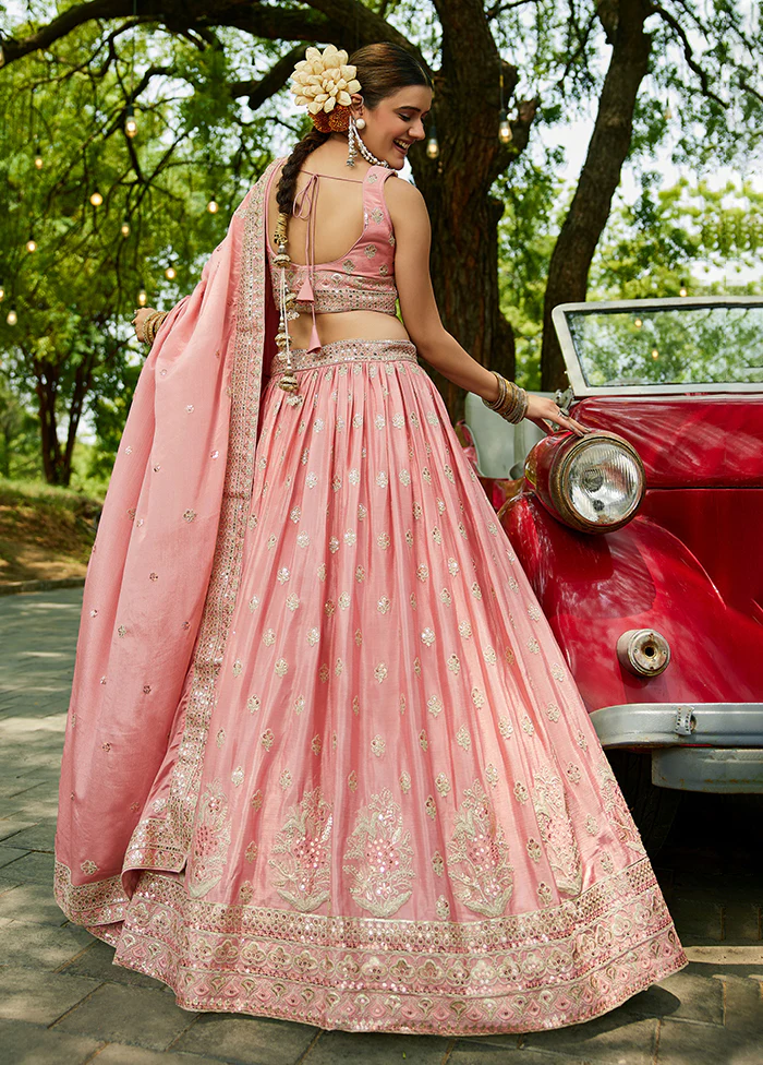 Pink Blended Silk Lehenga Set - Image 3