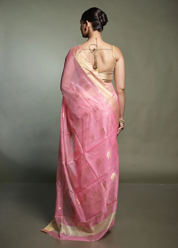 Pink Chanderi Cotton Saree With Blouse Piece - Image 3