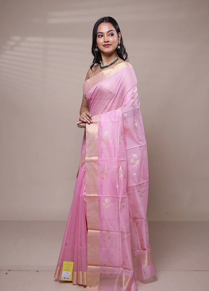 Pink Chanderi Cotton Saree With Blouse Piece - Image 4