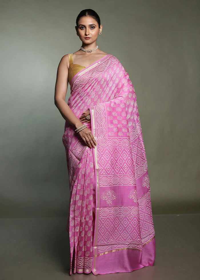 Pink Chanderi Cotton Saree With Blouse Piece - Image 2