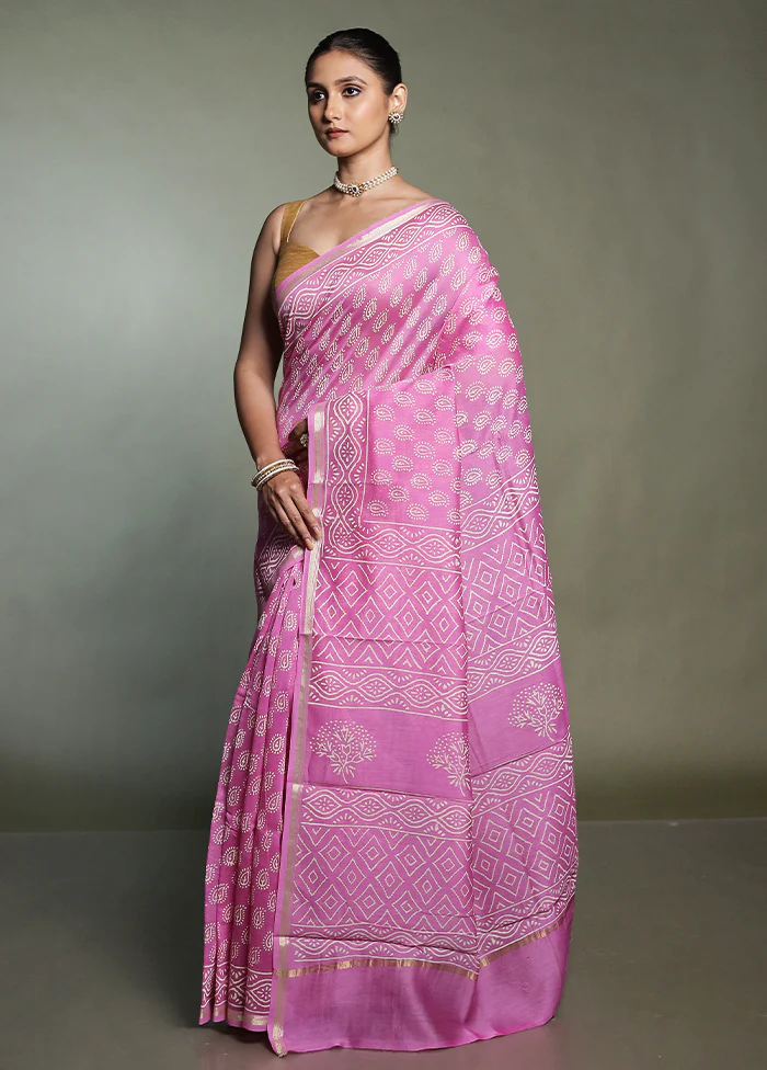 Pink Chanderi Cotton Saree With Blouse Piece - Image 4