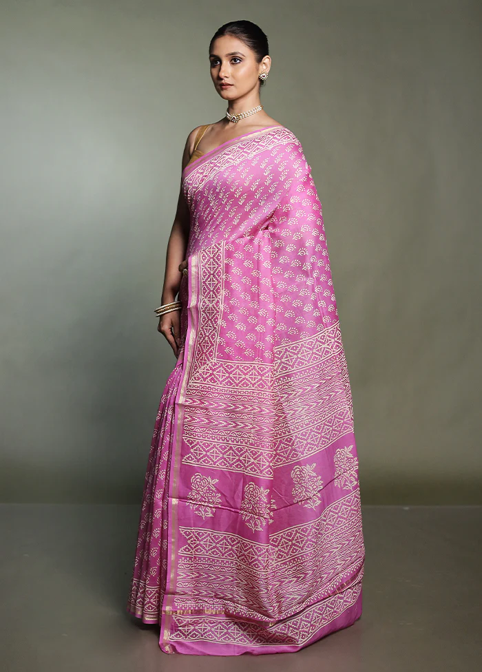 Pink Chanderi Cotton Saree With Blouse Piece - Image 4