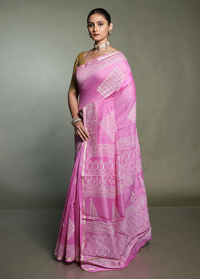 Pink Chanderi Cotton Saree With Blouse Piece - Image 4