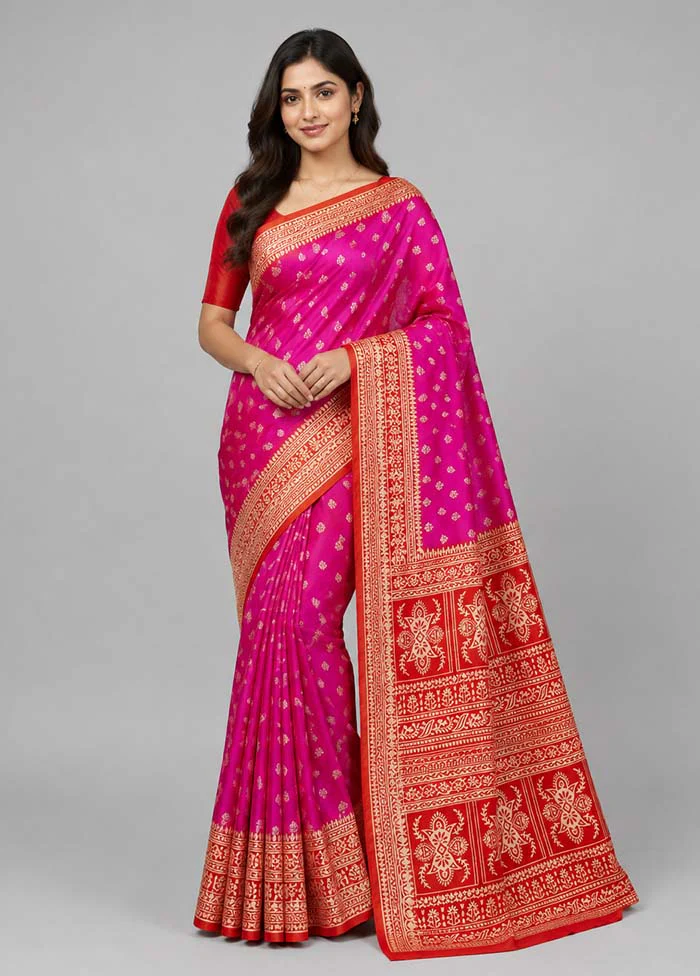 Pink Chanderi Cotton Saree With Blouse Piece