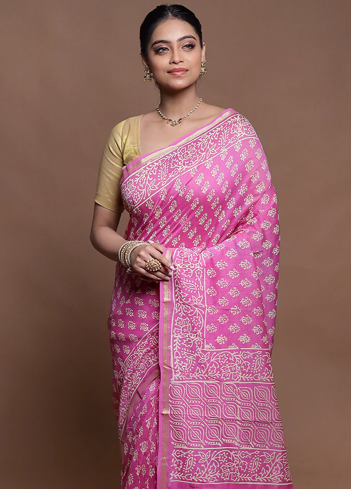Pink Chanderi Cotton Saree With Blouse Piece - Image 2