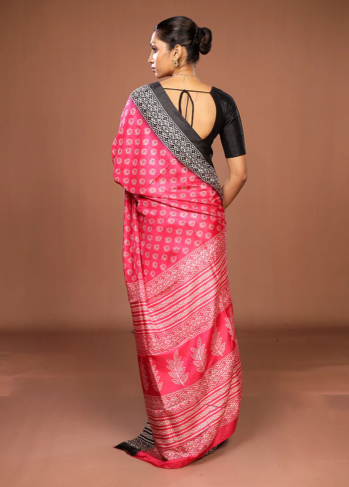 Pink Chanderi Cotton Saree With Blouse Piece - Image 3