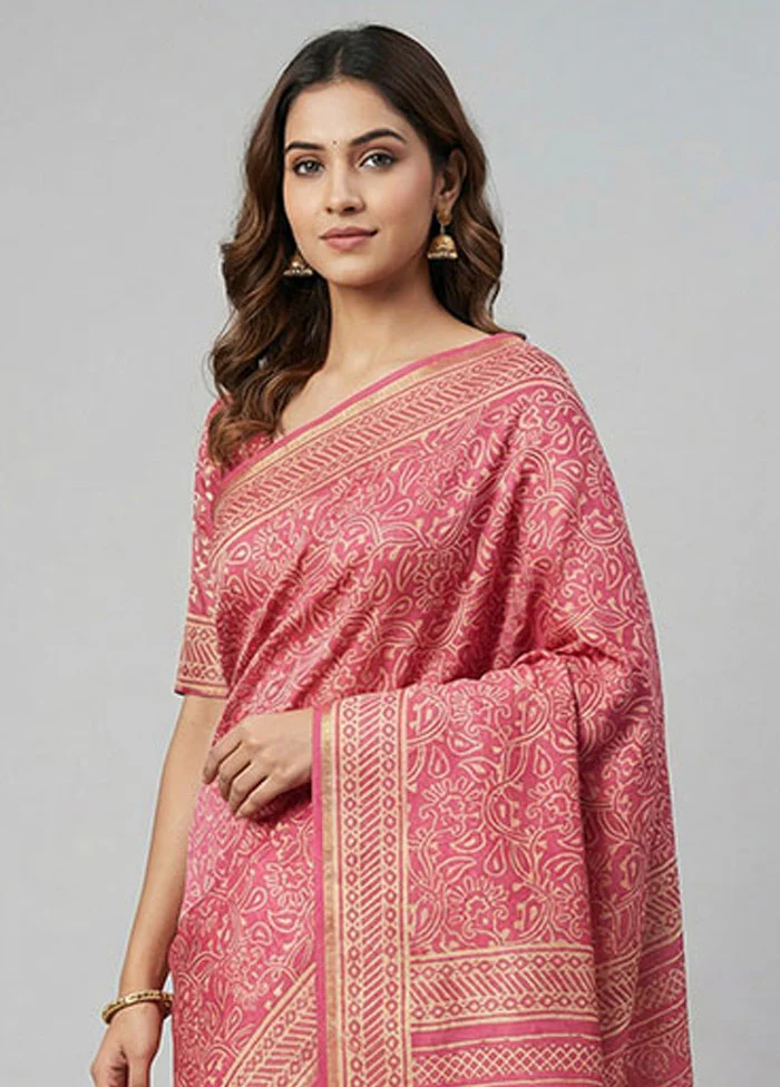 Pink Chanderi Silk Saree With Blouse Piece - Image 2