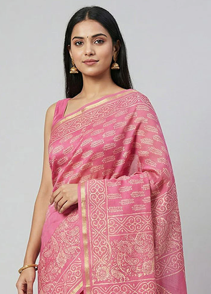 Pink Chanderi Silk Saree With Blouse Piece - Image 2
