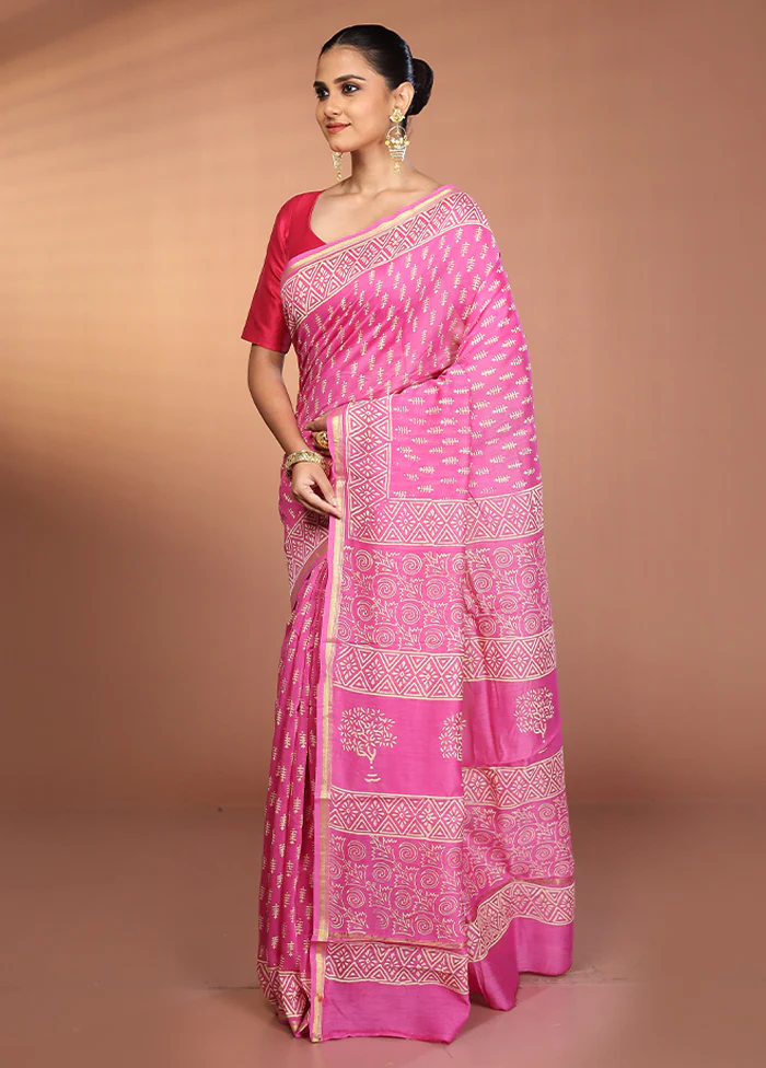Pink Chanderi Silk Saree With Blouse Piece - Image 4