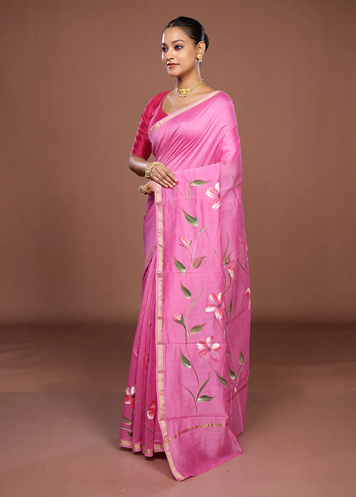 Pink Chanderi Silk Saree With Blouse Piece - Image 4