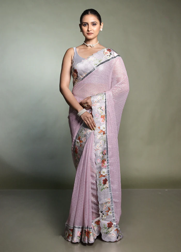Pink Chiffon Silk Saree With Blouse Piece - Image 2