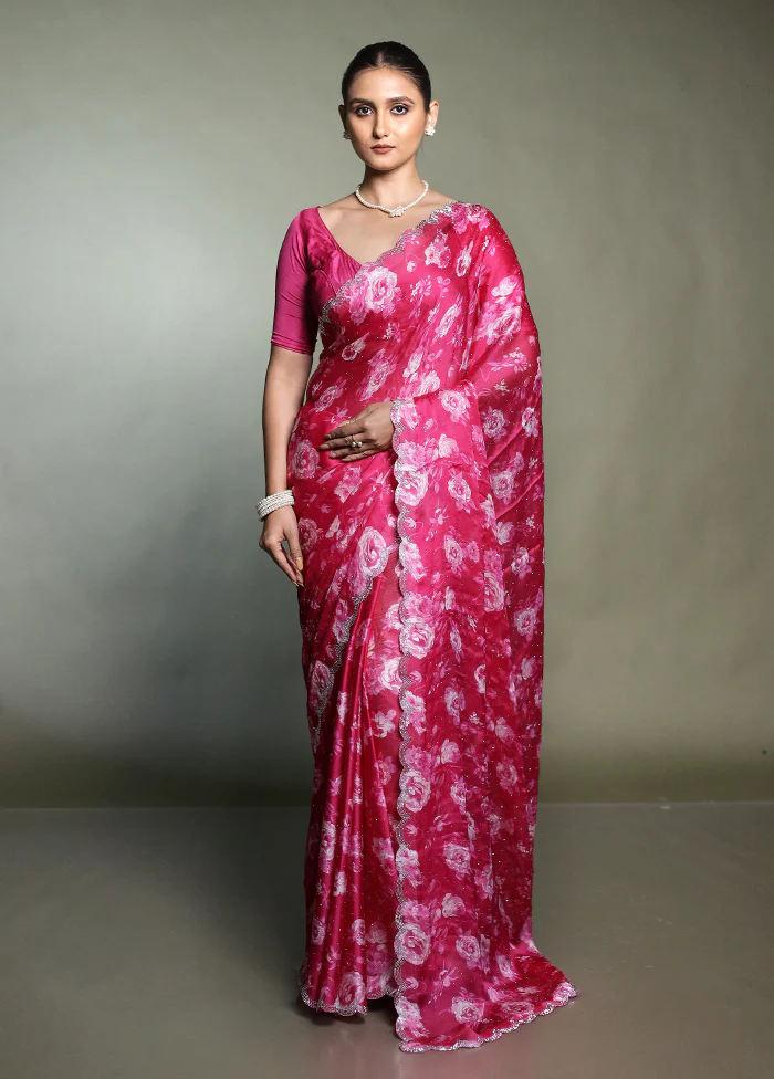 Pink Chiffon Silk Saree With Blouse Piece - Image 2