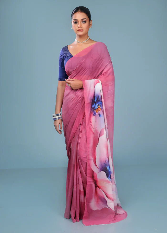 Pink Chiffon Silk Saree With Blouse Piece - Image 2