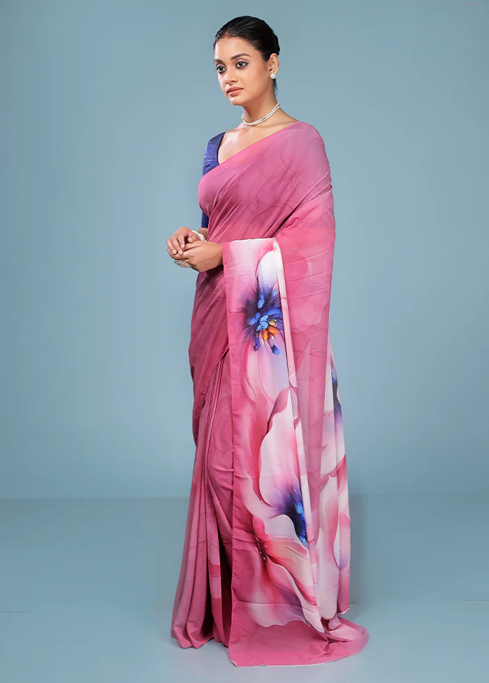 Pink Chiffon Silk Saree With Blouse Piece - Image 4