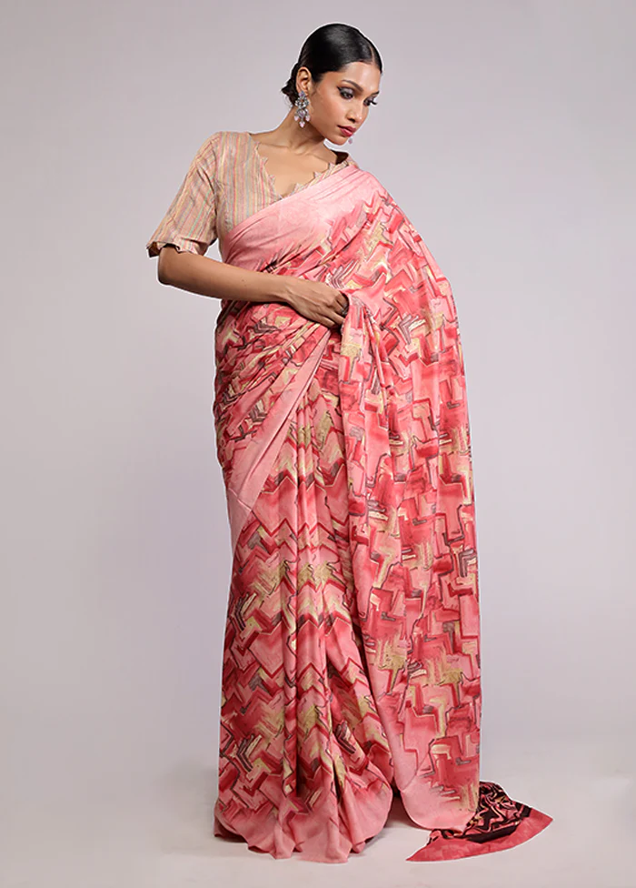 Pink Chiffon Silk Saree With Blouse Piece - Image 2
