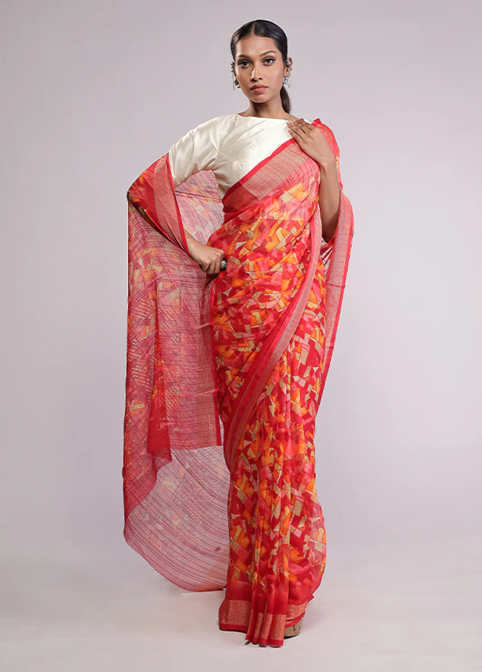 Red Chiffon Silk Saree With Blouse Piece - Image 2