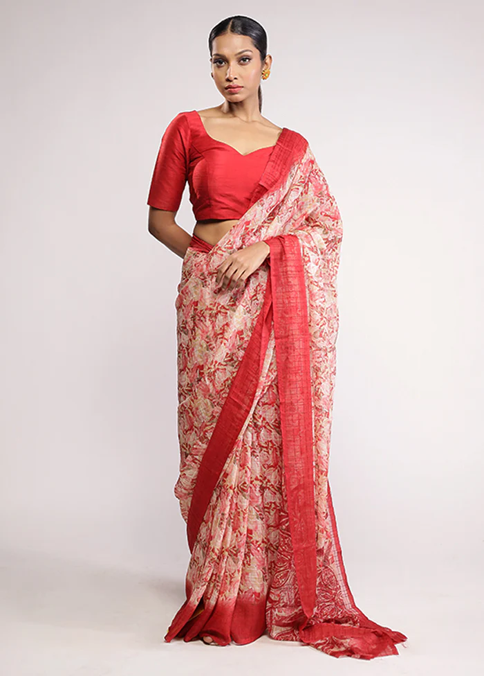 Red Chiffon Silk Saree With Blouse Piece - Image 2
