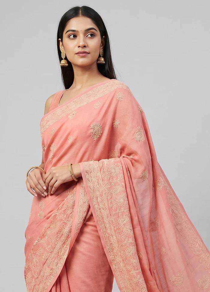 Pink Chikan Silk Saree With Blouse Piece - Image 2