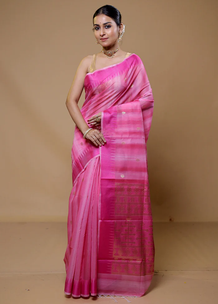Pink Cotton Saree With Blouse Piece - Image 2