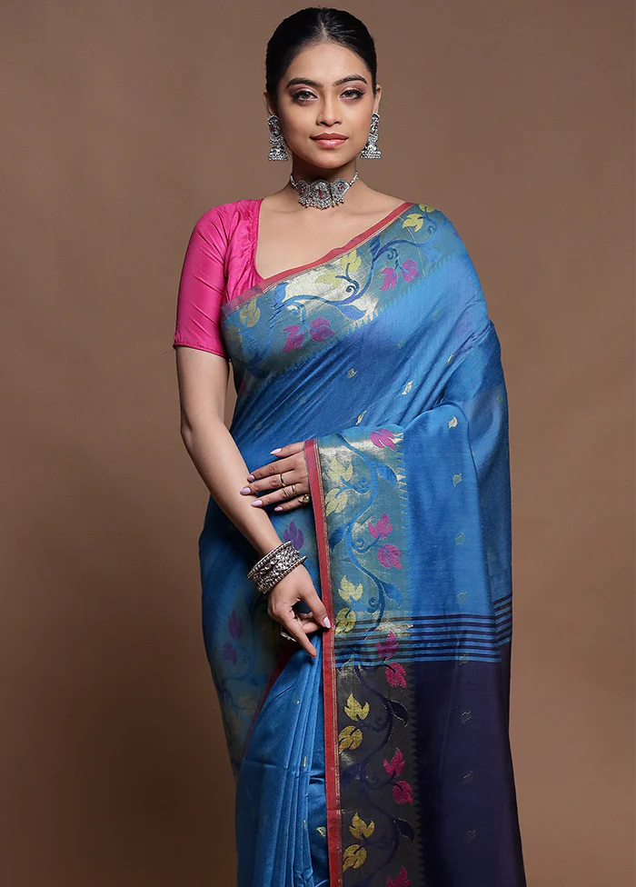 Blue Cotton Saree With Blouse Piece - Image 2