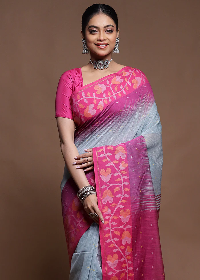 Pink Cotton Saree With Blouse Piece - Image 2