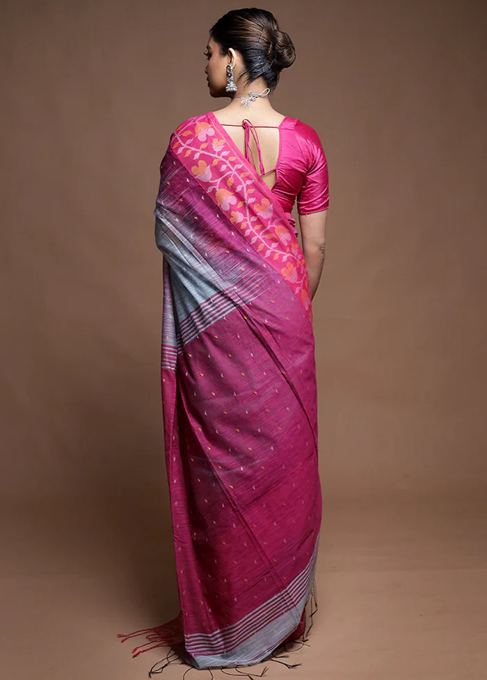 Pink Cotton Saree With Blouse Piece - Image 3