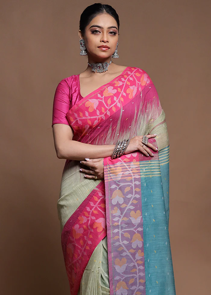 Green Cotton Saree With Blouse Piece - Image 2