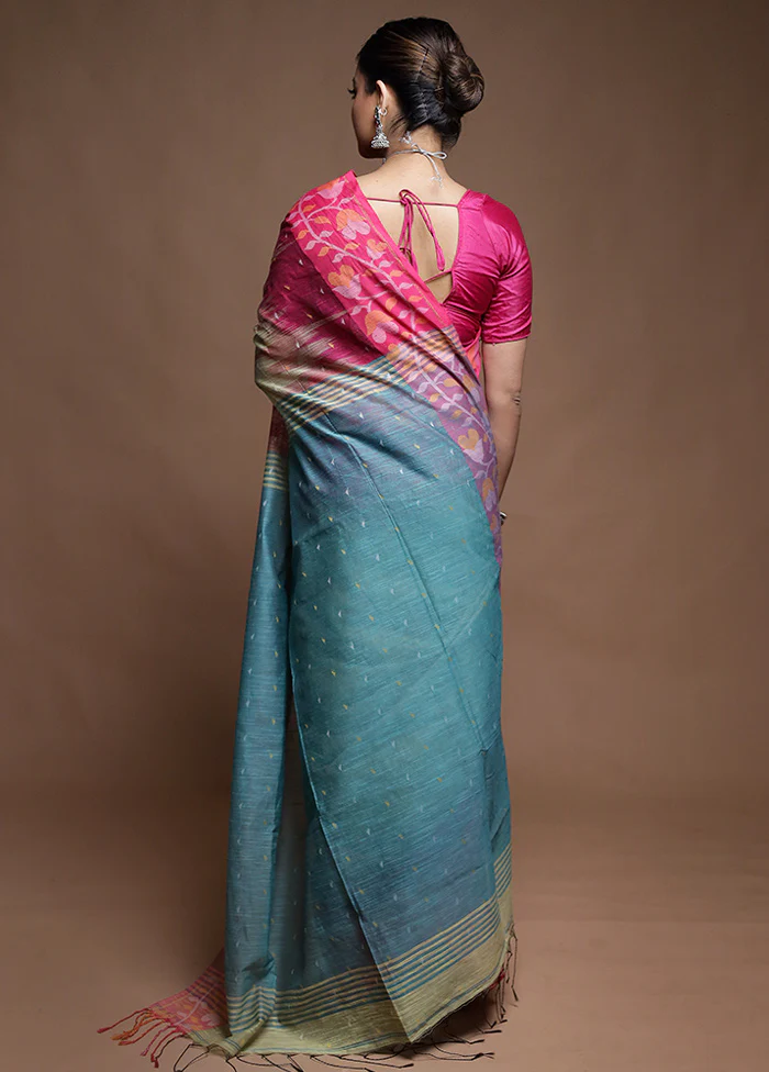 Green Cotton Saree With Blouse Piece - Image 3