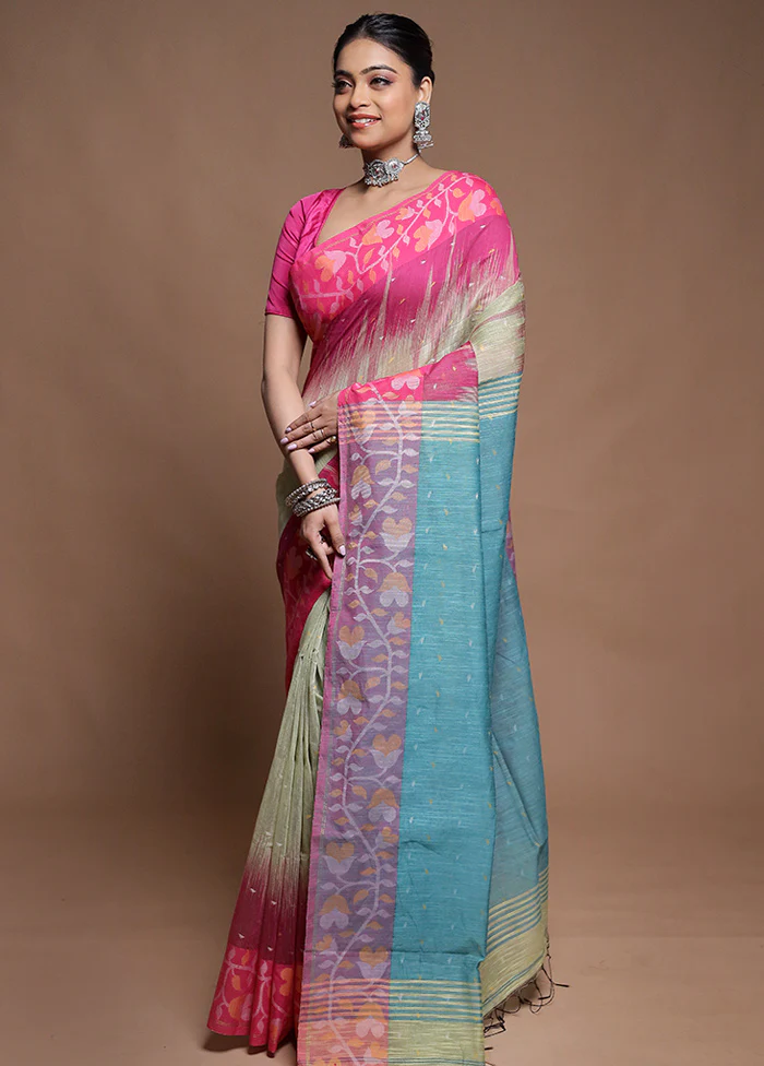 Green Cotton Saree With Blouse Piece - Image 4