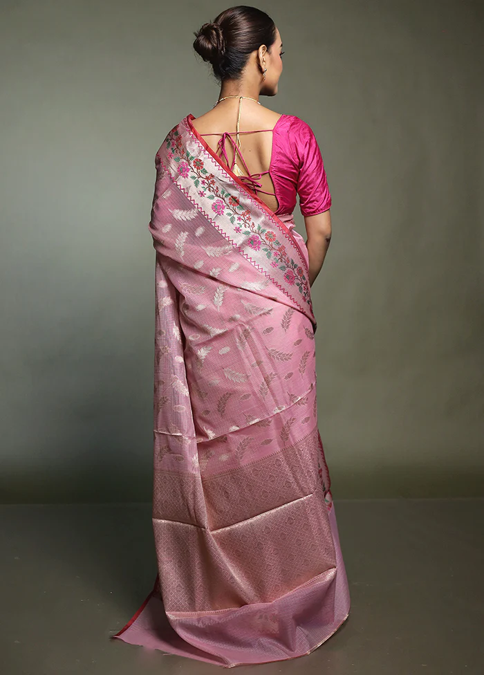 Pink Kota Cotton Saree With Blouse Piece - Image 3