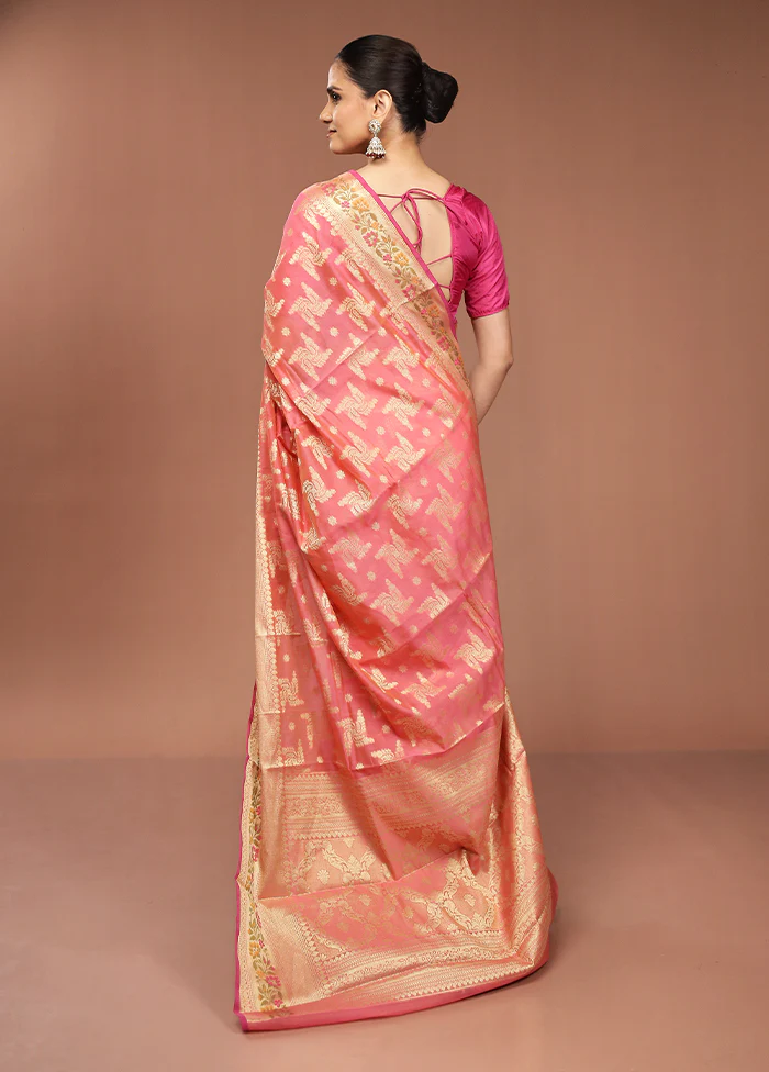 Pink Cotton Saree With Blouse Piece - Image 3