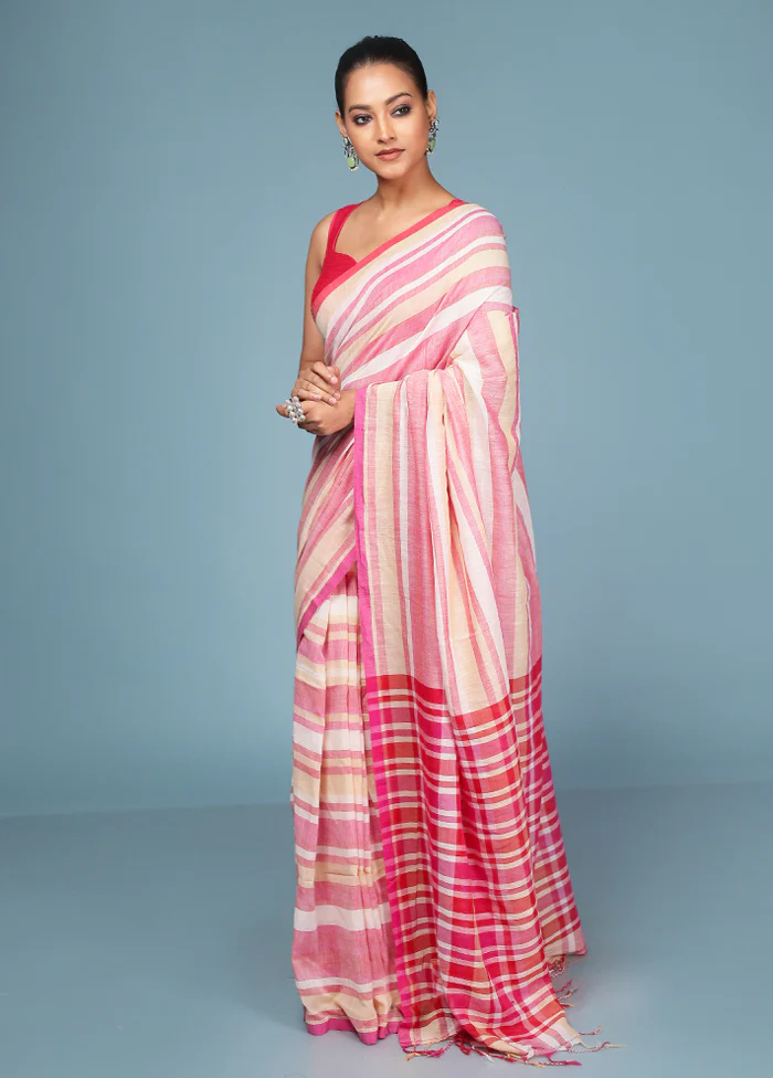 Pink Cotton Saree With Blouse Piece - Image 4
