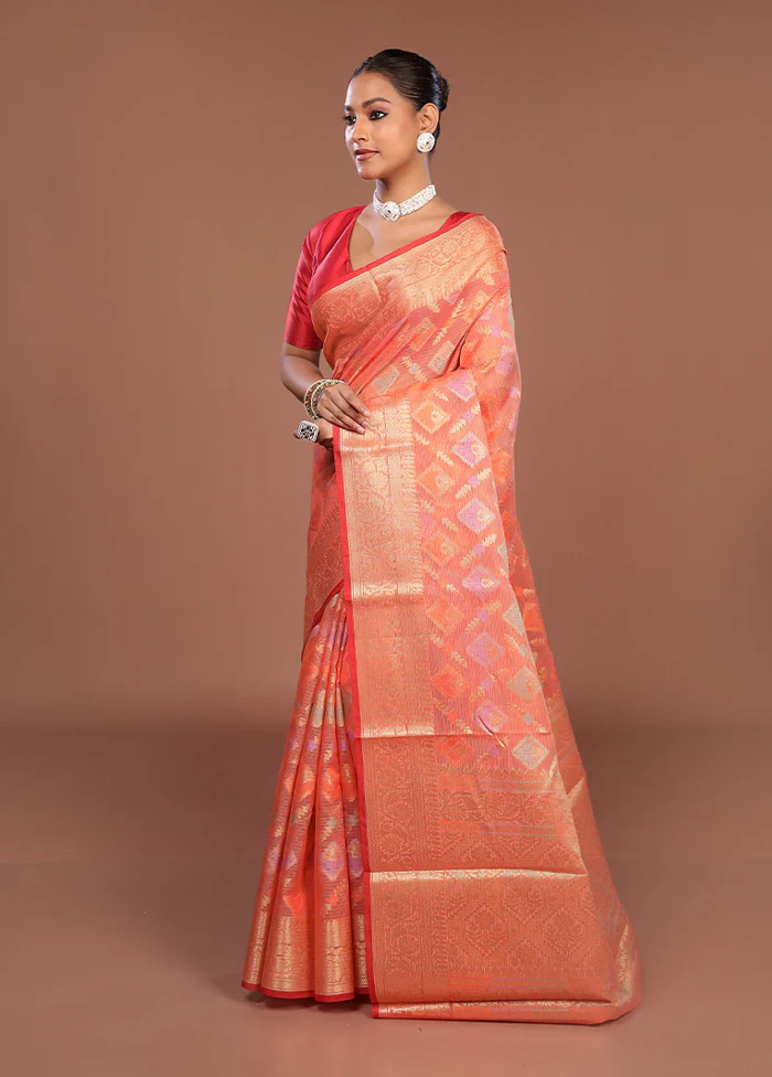 Peach Cotton Saree With Blouse Piece - Image 4
