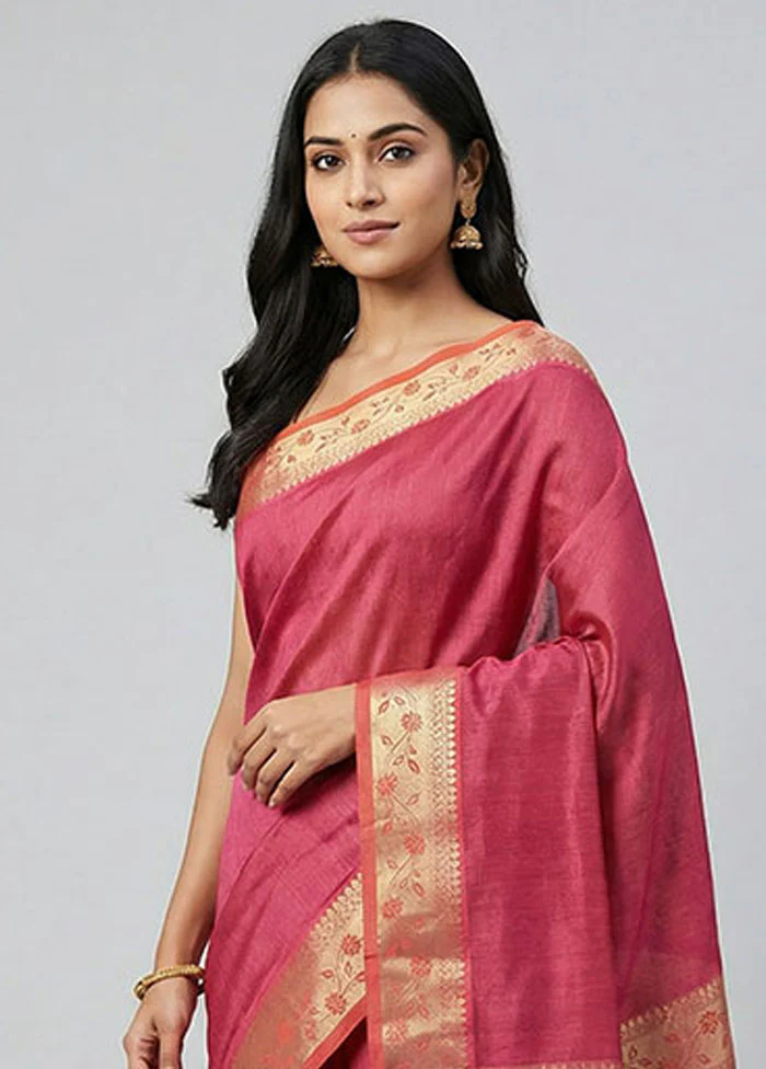 Pink Cotton Saree With Blouse Piece - Image 2