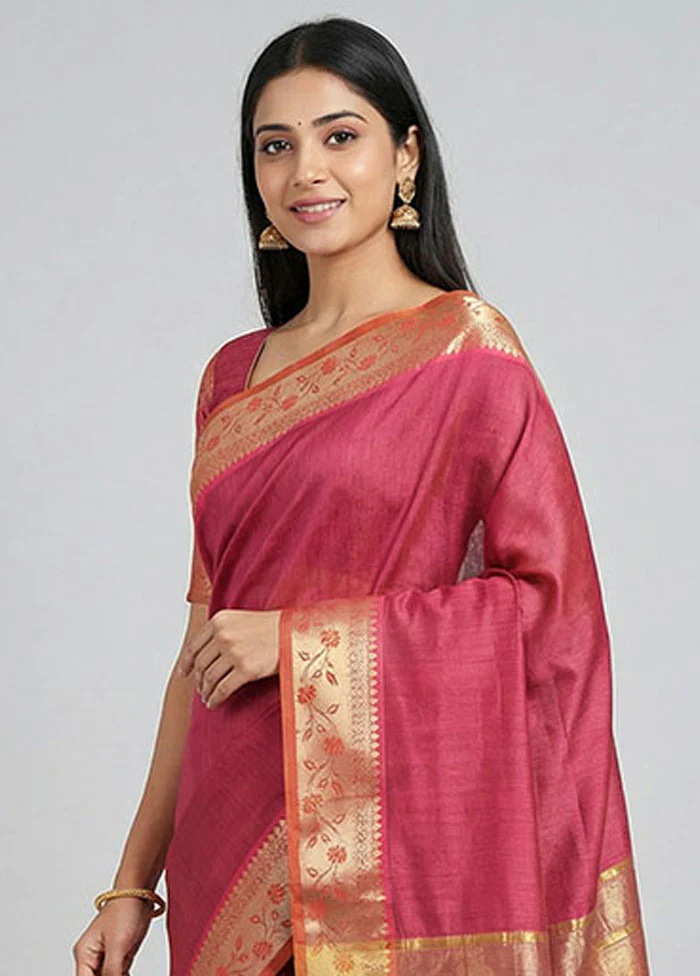 Pink Cotton Saree With Blouse Piece - Image 2