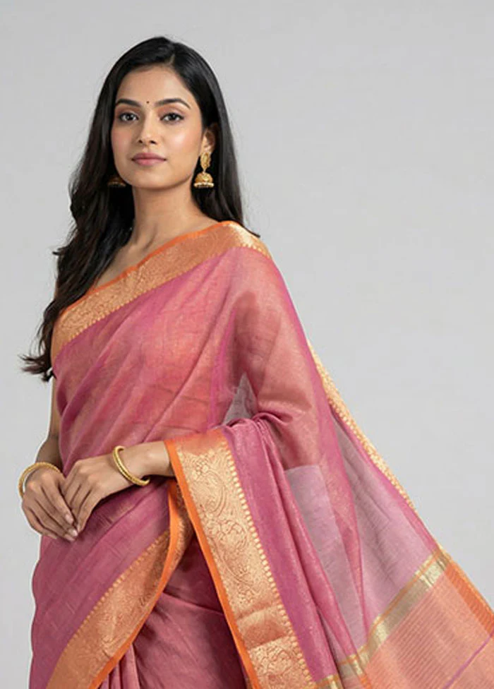Pink Cotton Saree With Blouse Piece