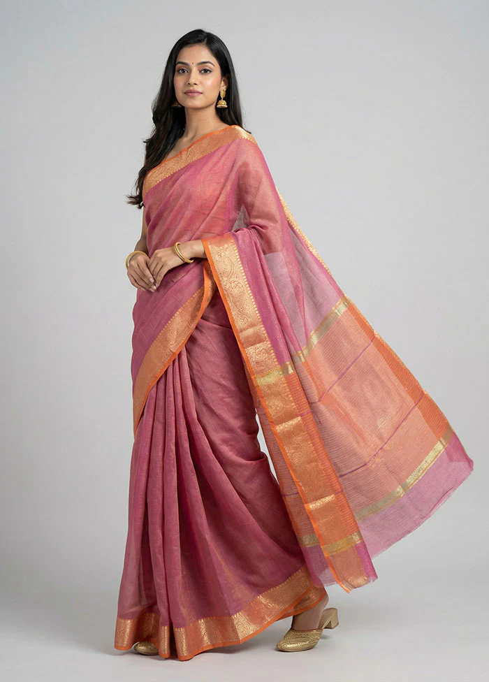 Pink Cotton Saree With Blouse Piece - Image 2