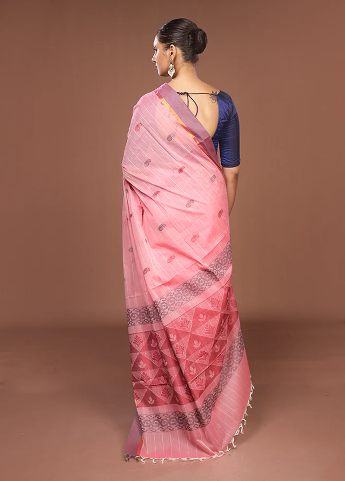 Pink Cotton Saree With Blouse Piece - Image 3